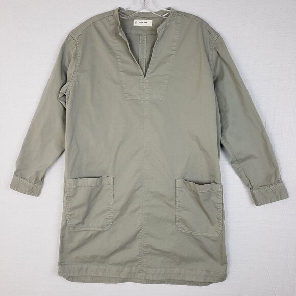 EVERLANE Long-Sleeve Utility Mini Dress Sage Green M Organic Cotton Minimalist - Picture 2 of 16